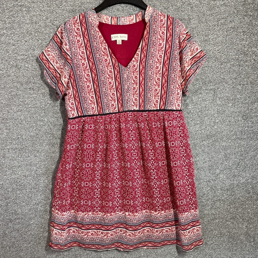 Knox Rose Mini Dress Medium Red Pink Boho Paisley V-Neck Empire Waist